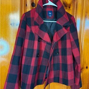 GAP Women's Checkered‎ Pea Coat in Red and Black